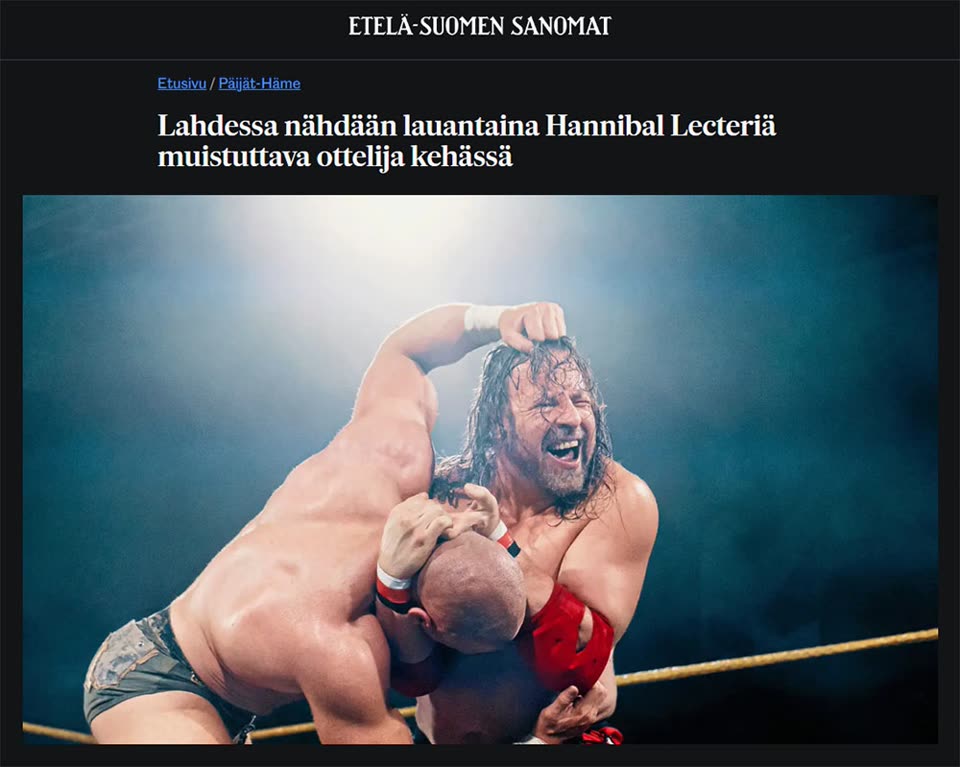 Kuva Etelä-Suomen Sanomien jutusta: Lahdessa nähdään lauantaina Hannibal Lecteriä muistuttava ottelija kehässä